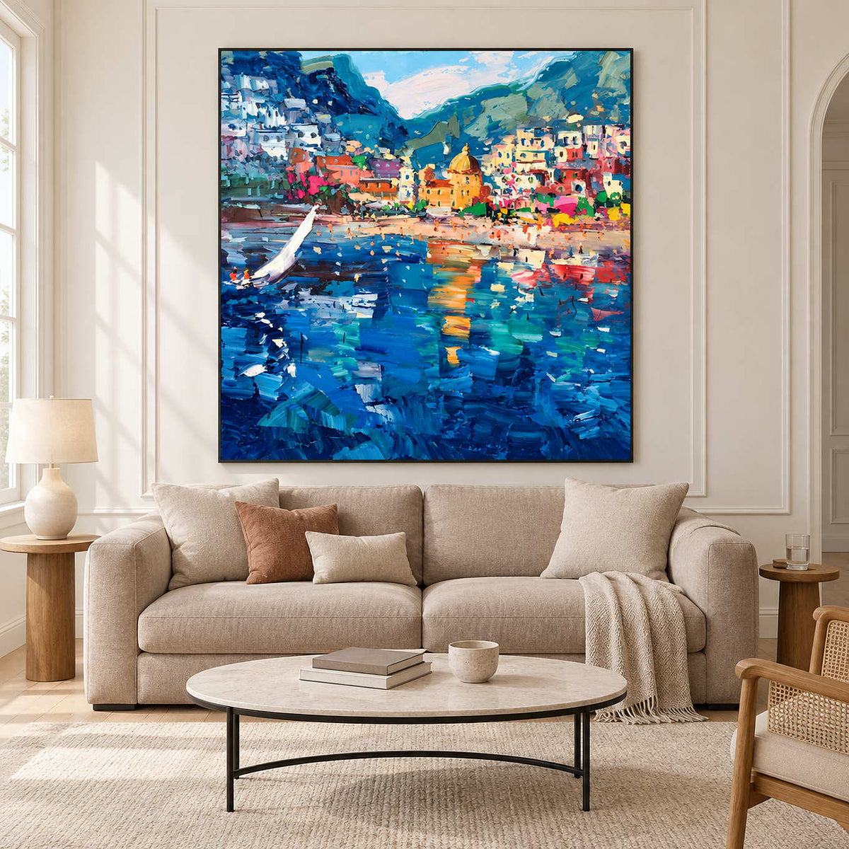 Colorful bay painting above a cream sofa and oval coffee table.