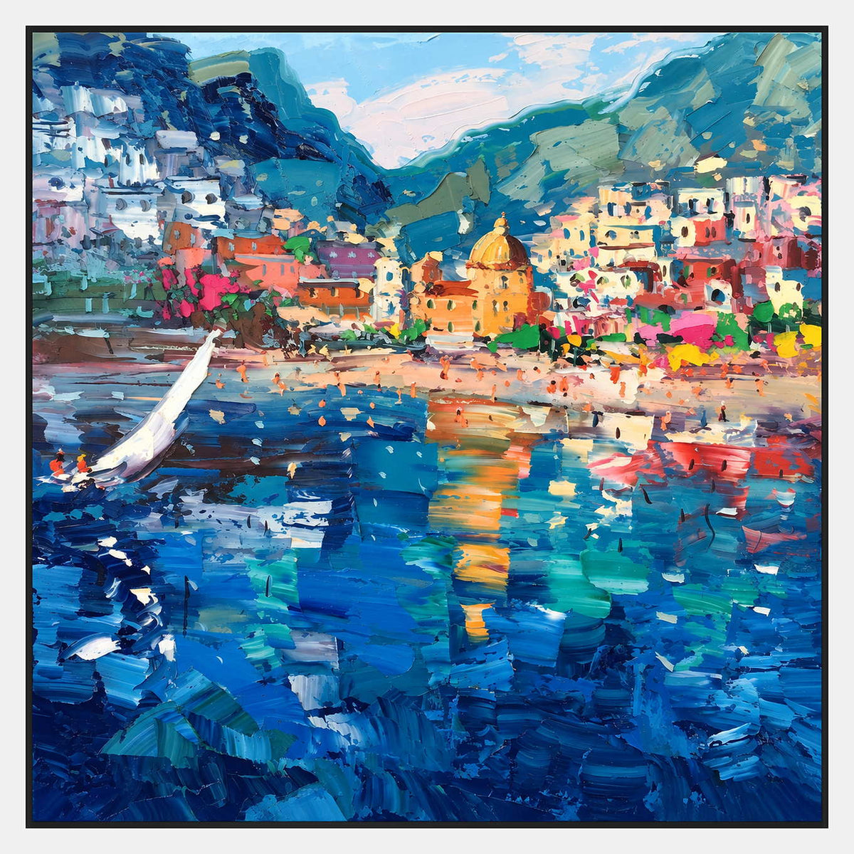 Square coastal town scene with colorful hillside buildings, a yellow dome, a white sail at left, and reflections on blue water.