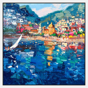 Square coastal town scene with colorful hillside buildings, a yellow dome, a white sail at left, and reflections on blue water.
