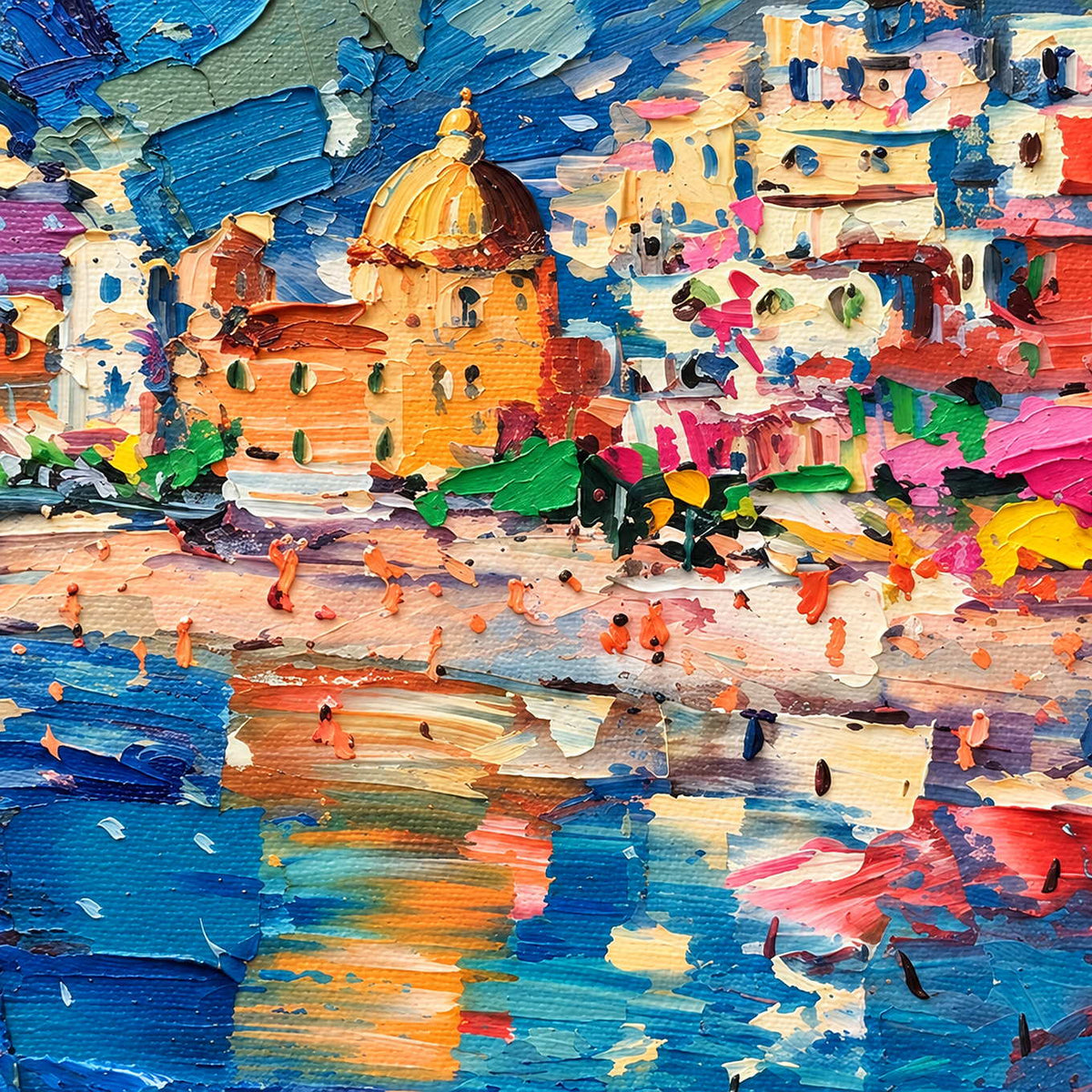 Detail of the warm domed building and yellow reflections in blue water.
