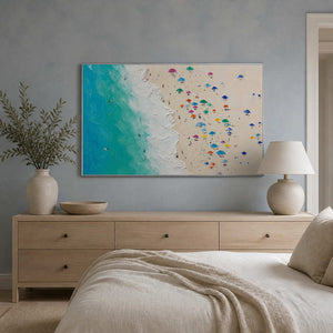 Colorful coastal painting displayed above a mist-blue oak bedroom.