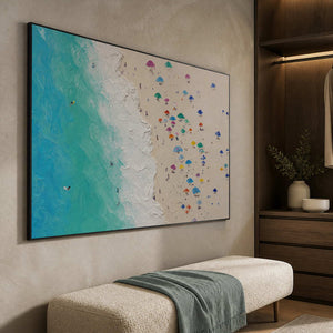 Textured coastal artwork displayed in a warm sand dressing room.