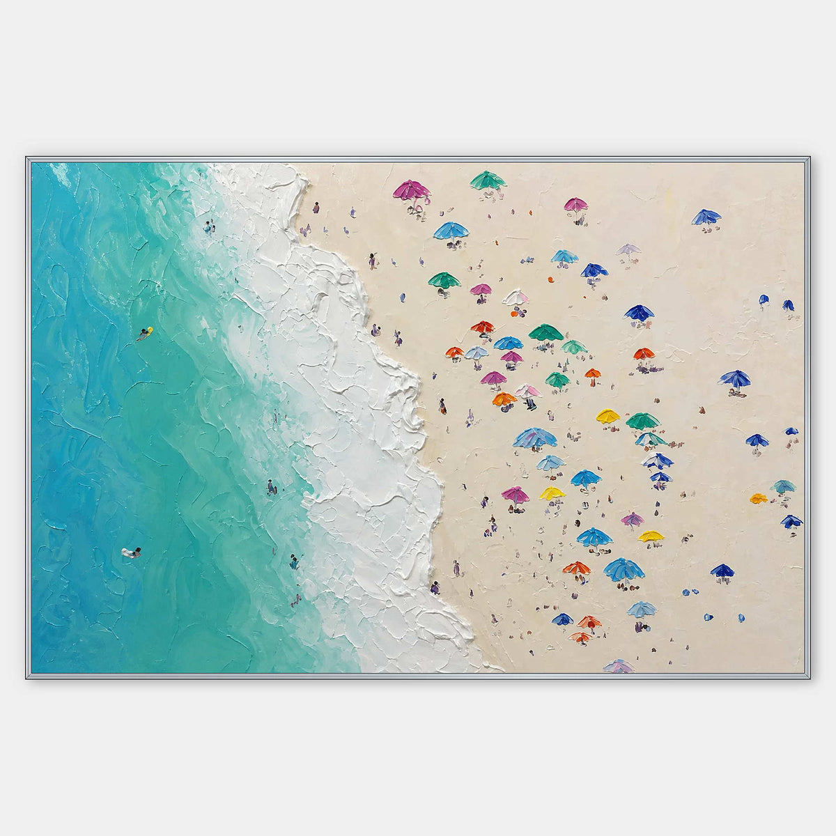 Aerial beach painting with turquoise surf, sand, and colorful umbrellas.