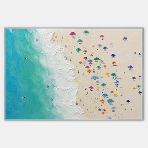 Aerial beach painting with turquoise surf, sand, and colorful umbrellas.