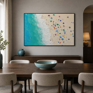 Turquoise beach artwork displayed in a mineral-gray walnut dining room.