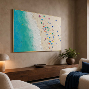 Turquoise beach painting displayed in a warm walnut listening room.