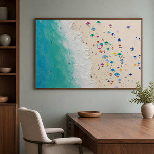 Aerial shoreline artwork displayed in a sea-glass walnut office.