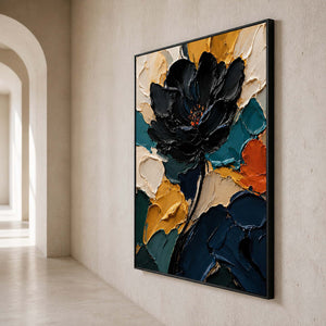 Vertical textured floral wall art shown from the side in a greige art corridor.