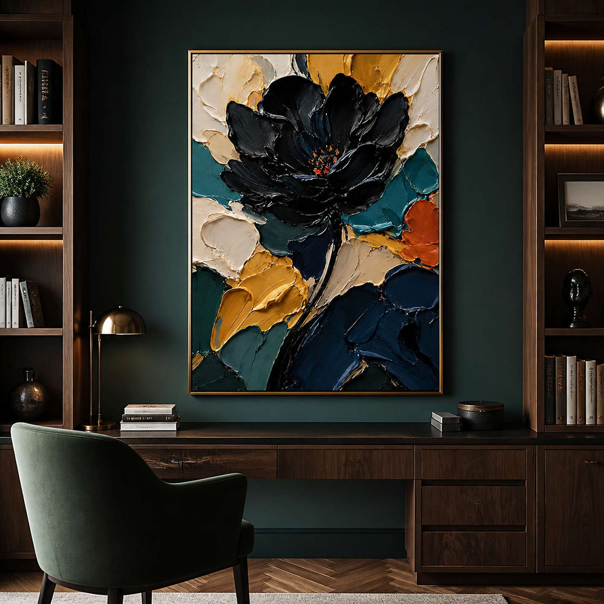 Dramatic black flower wall art displayed in a dark green home office.