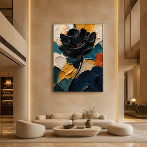 Textured botanical wall art displayed in a sandstone boutique hotel lobby.