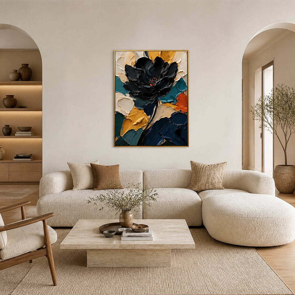 Textured black floral wall art displayed in a cream-white living room.