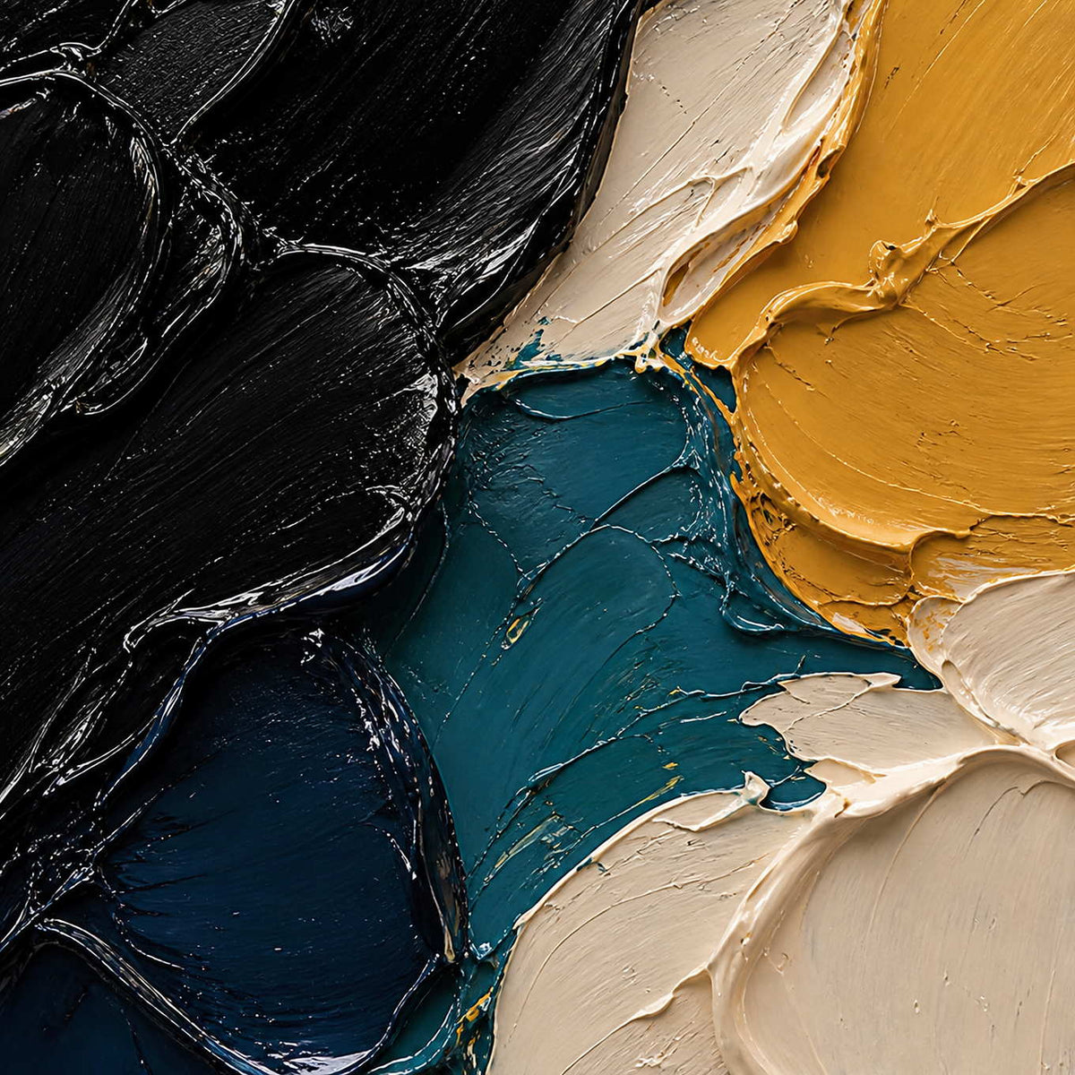 Close-up of raised black, teal, ivory, and gold palette-knife texture in the floral painting.