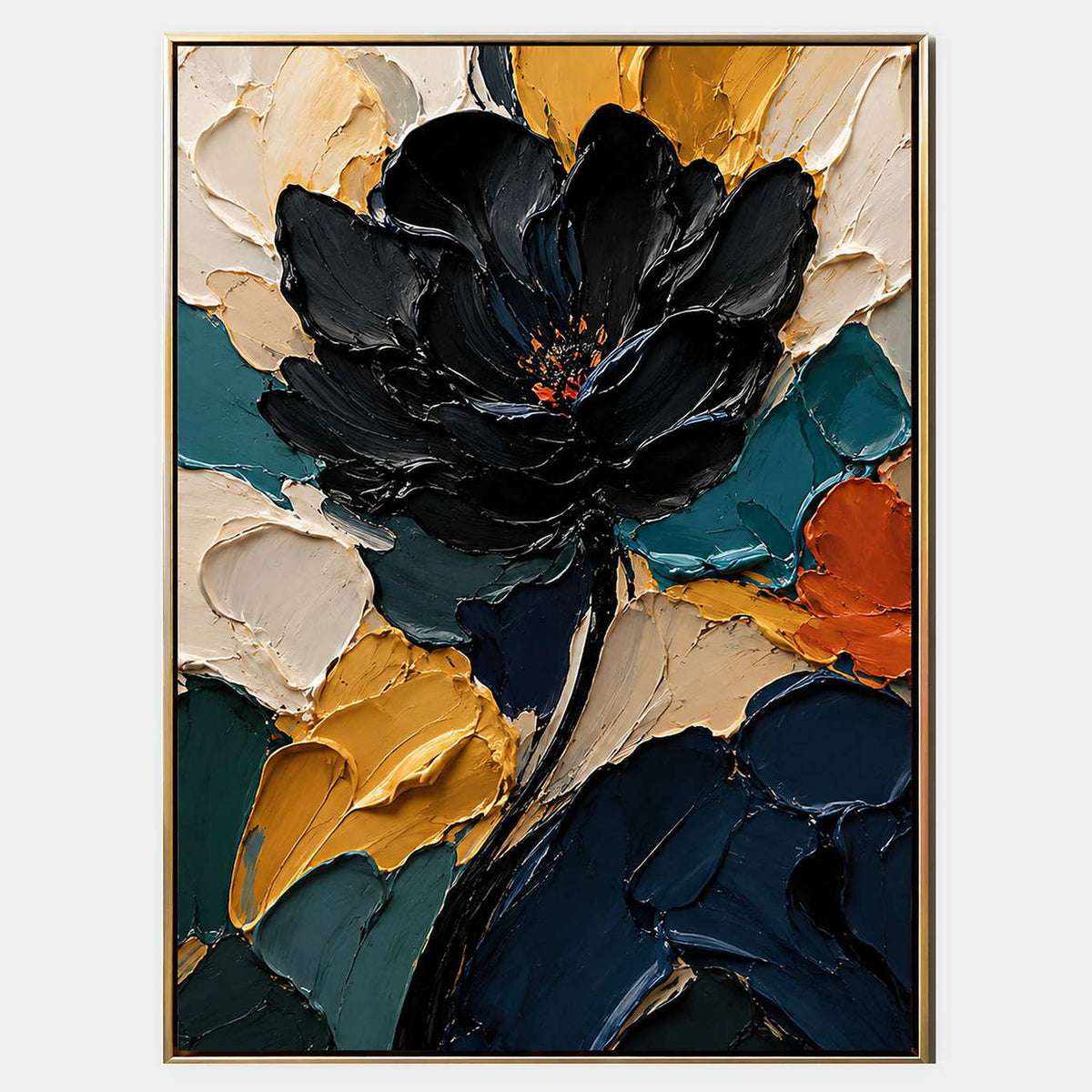 Hand-painted textured black flower wall art in teal, ivory, ochre, and burnt orange.