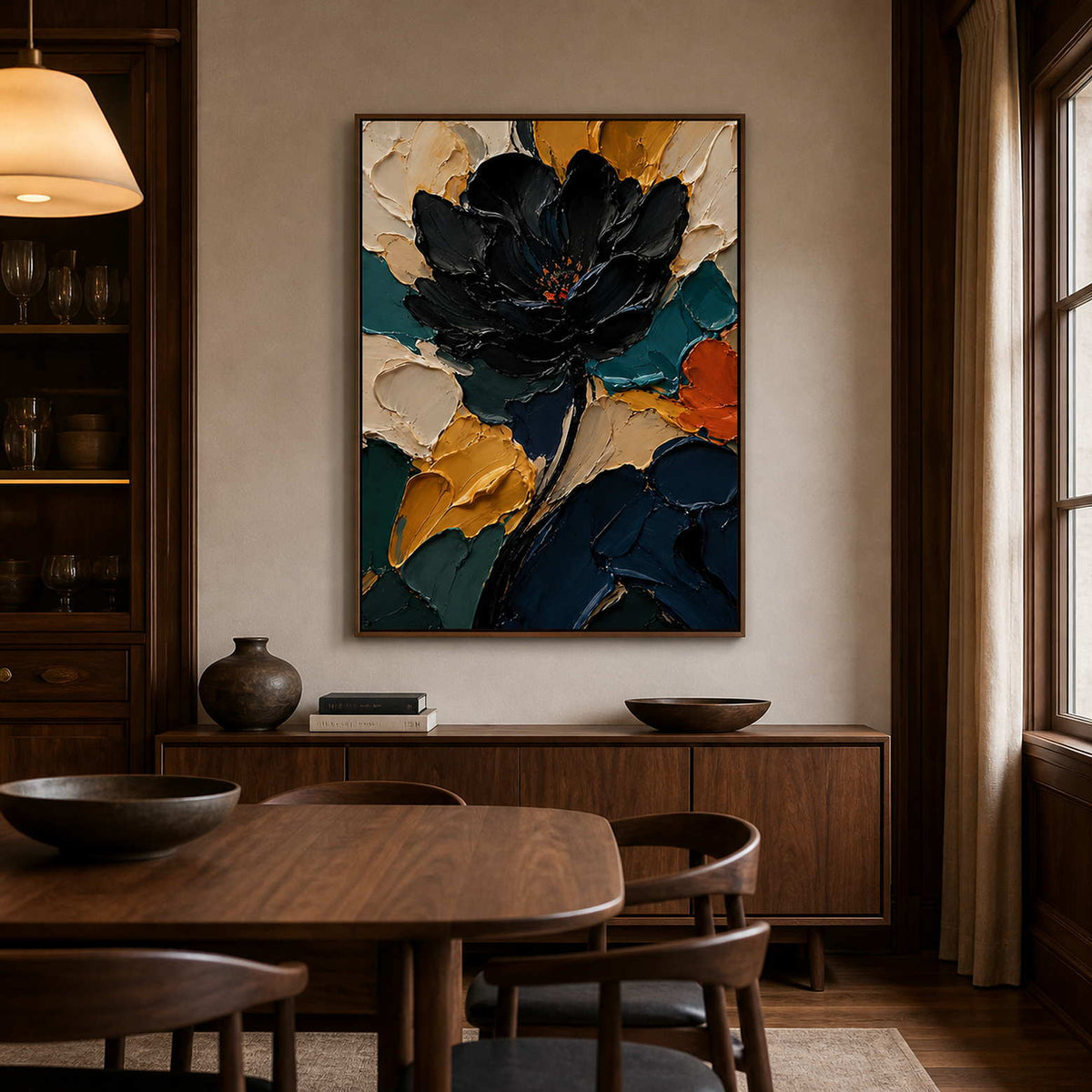 Bold black flower wall art displayed in a deep walnut dining room.