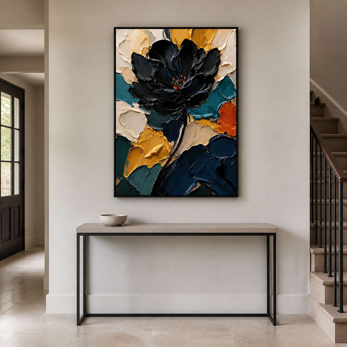 Vertical textured floral wall art displayed in a warm gray entryway.