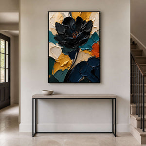 Vertical textured floral wall art displayed in a warm gray entryway.