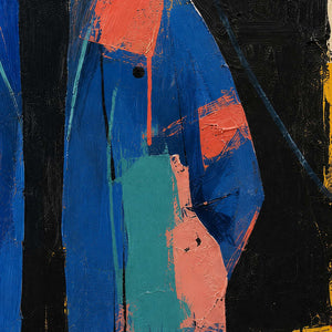 Close-up of raised cobalt, turquoise, coral, and cream brushwork across the figure’s coat.