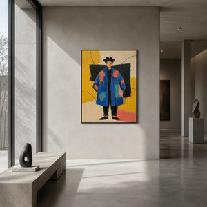 Colorful figurative wall art displayed in a cement gray art entryway.