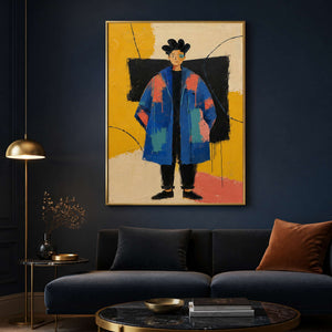 Cobalt figurative wall art displayed in a deep blue boutique lounge.