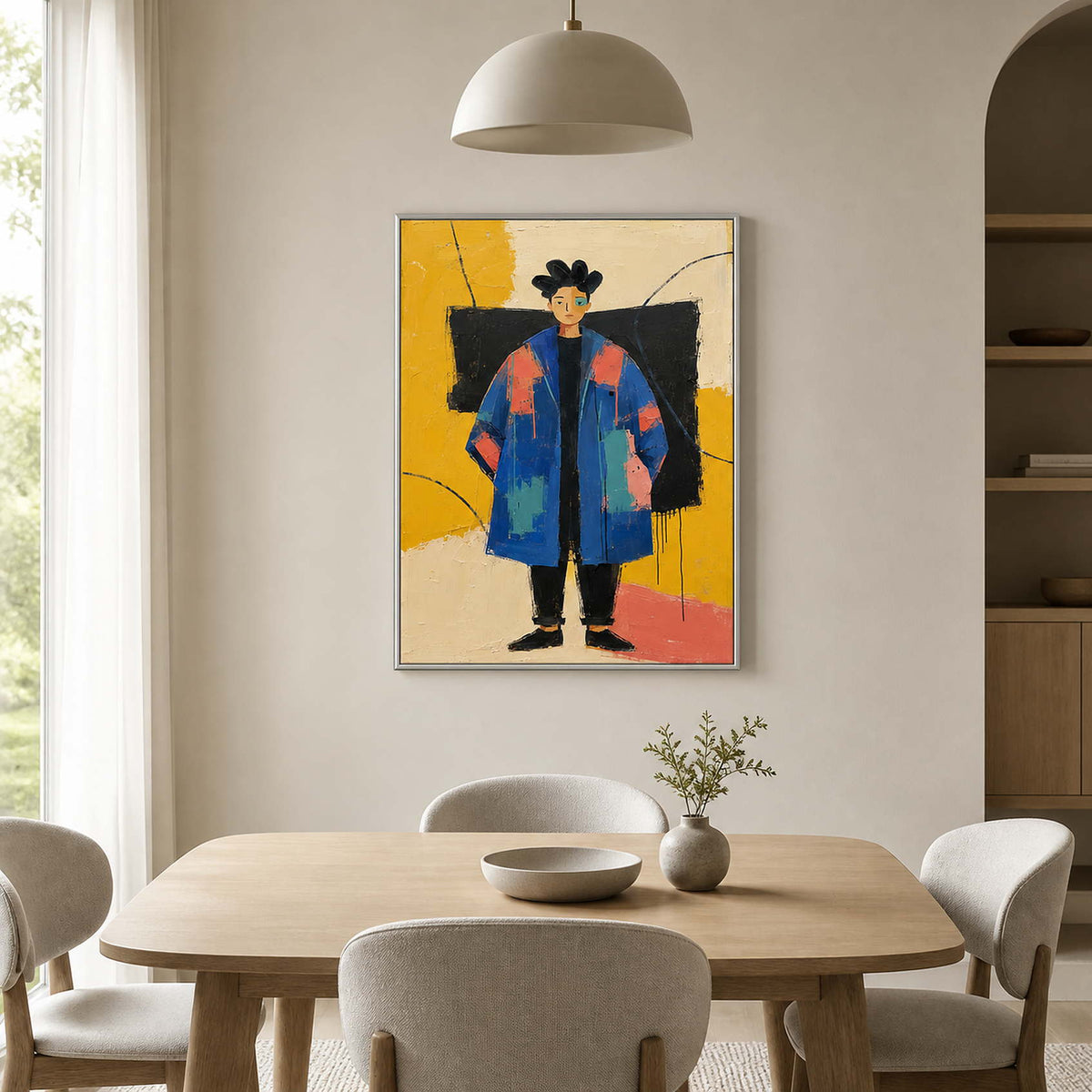 Vertical colorful portrait wall art displayed in a light beige modern dining room.