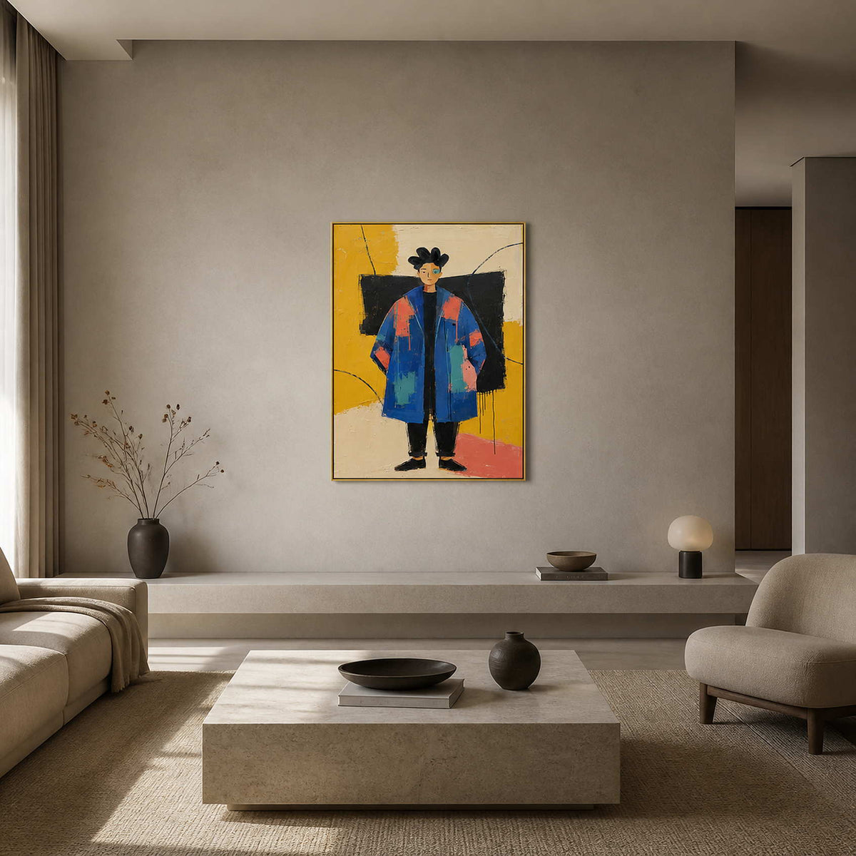 Textured blue-coat portrait wall art displayed in a warm gray modern living room.