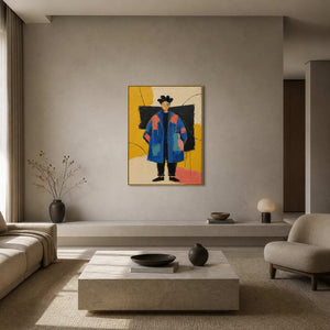 Textured blue-coat portrait wall art displayed in a warm gray modern living room.