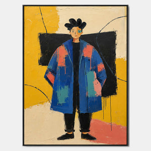 Hand-painted modern portrait of a cobalt-coated figure against coral, mustard, cream, and black.