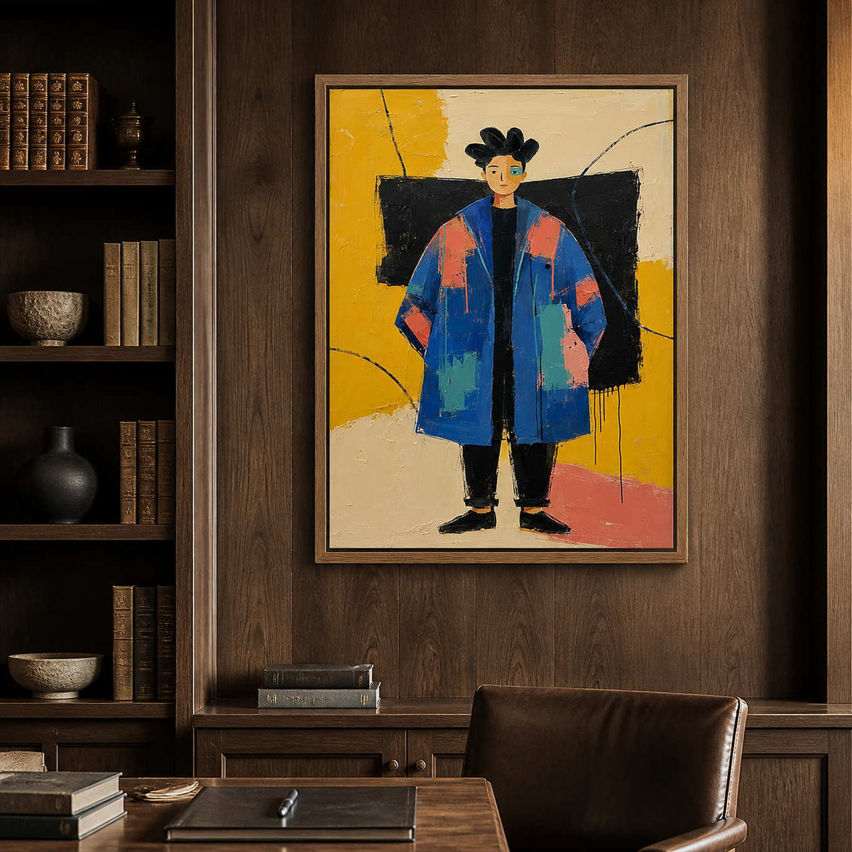 Textured contemporary portrait displayed in a walnut collector study.