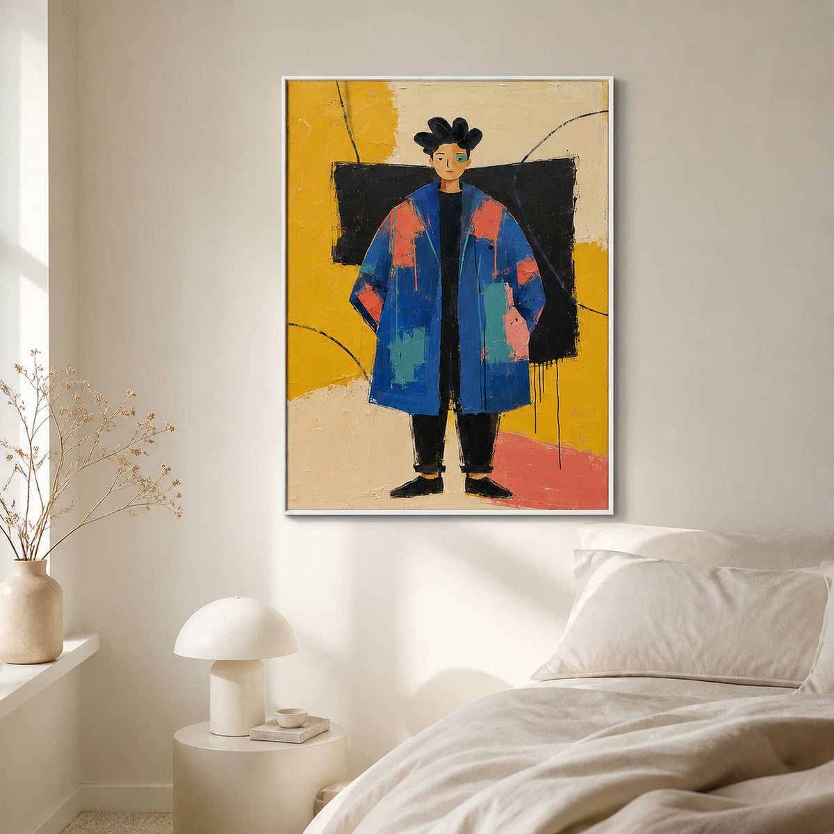 Modern blue portrait wall art displayed in a warm white creative bedroom.