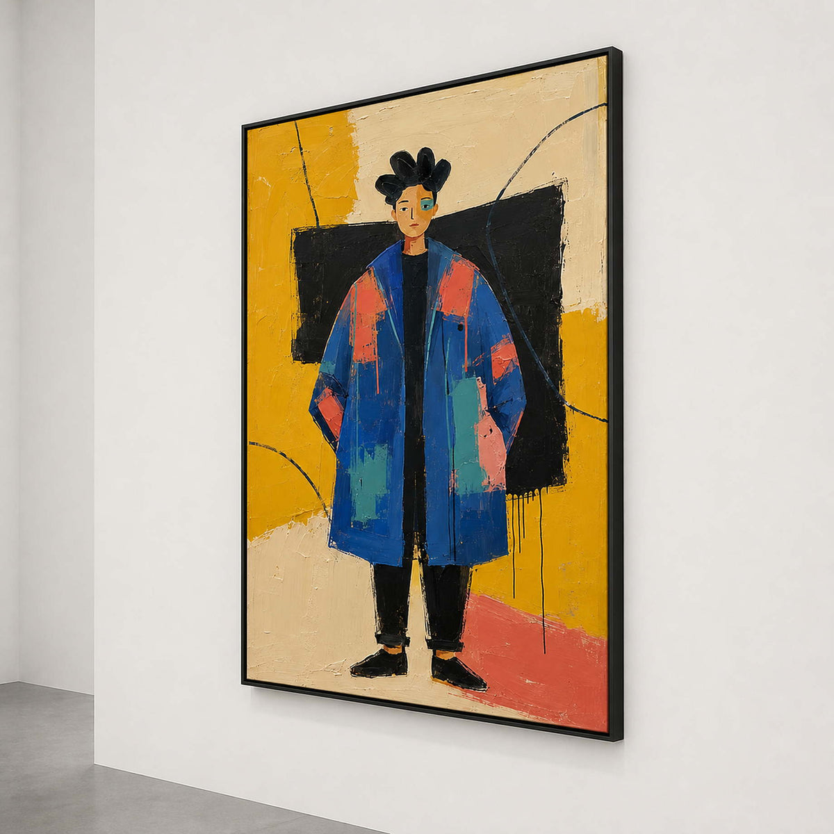 Textured modern portrait shown from the side on a white gallery wall.