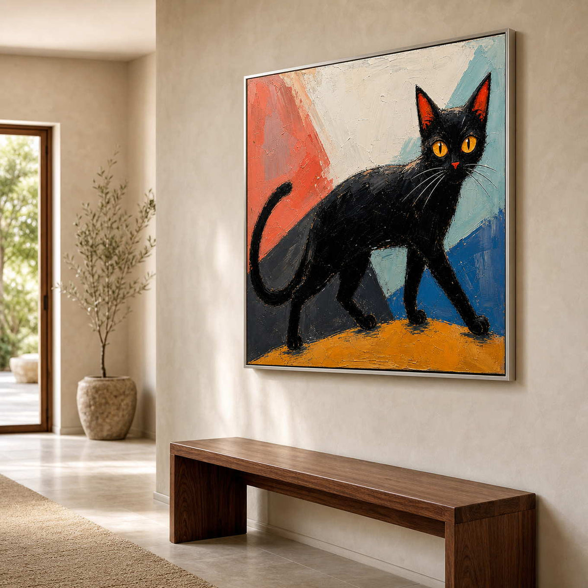 Modern Cat Wall Art displayed in a refined entryway.