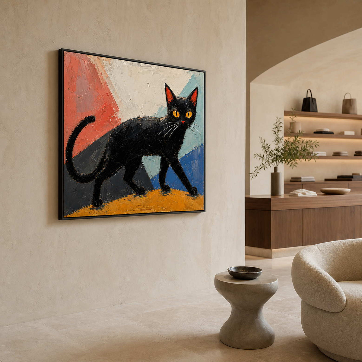 Modern Cat Wall Art displayed in a refined hospitality lounge.