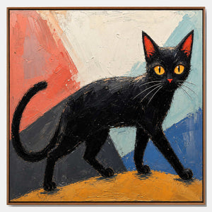 Hand-painted modern cat wall art with black, warm tones, and blue tones.