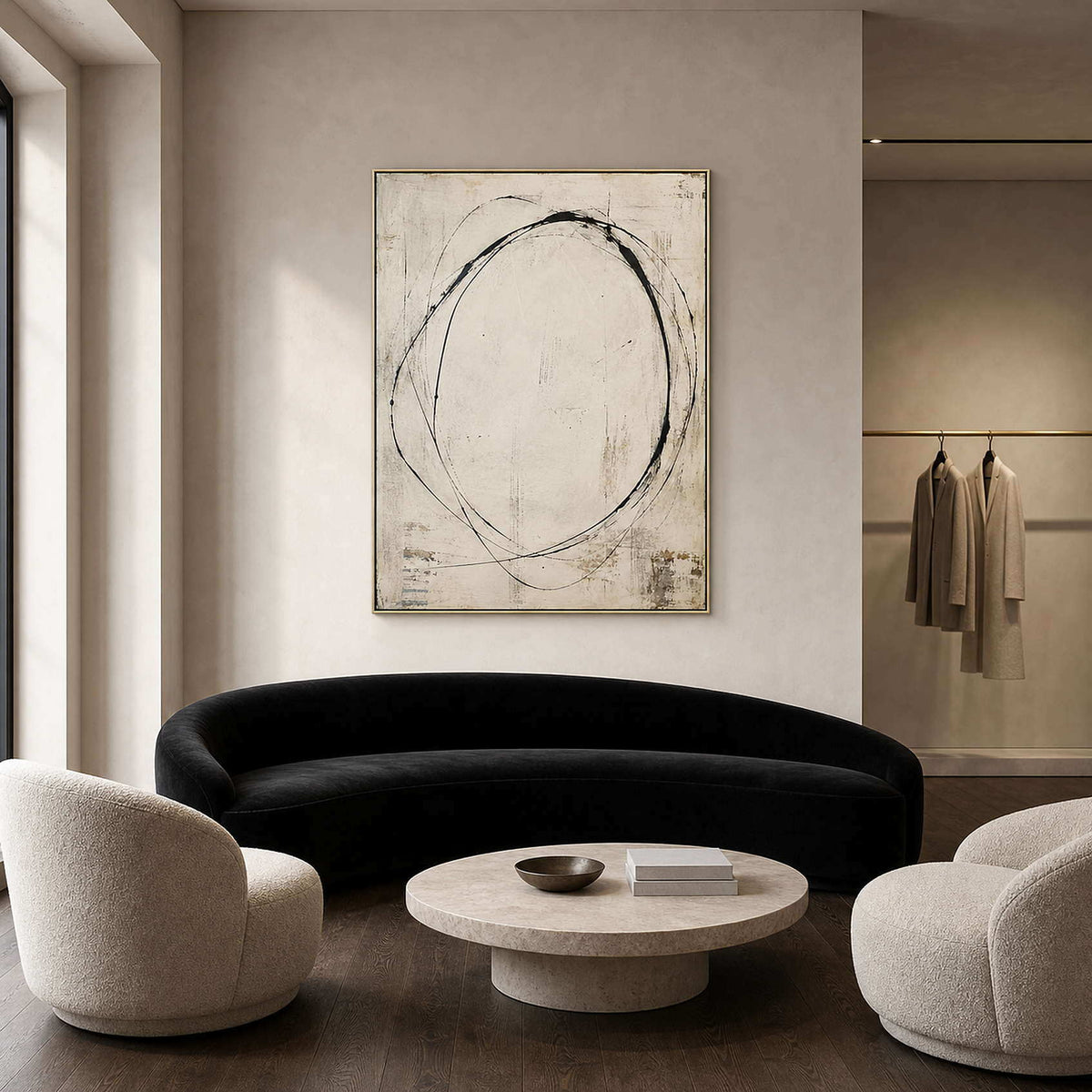 Minimalist Abstract Wall Art displayed in a refined curved living room.