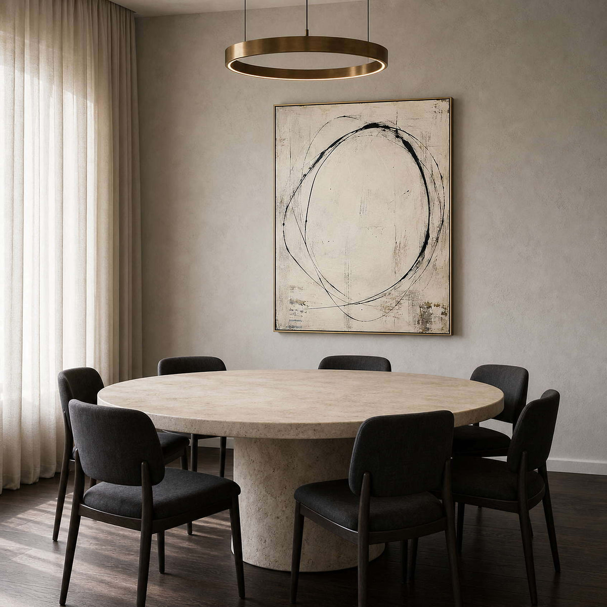 Minimalist Abstract Wall Art displayed in a refined dining room.
