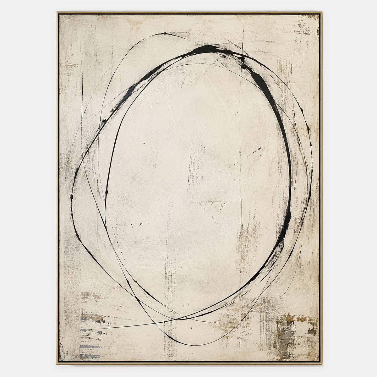 Minimalist abstract canvas with a fragile charcoal circle on aged ivory.