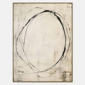 Minimalist abstract canvas with a fragile charcoal circle on aged ivory.