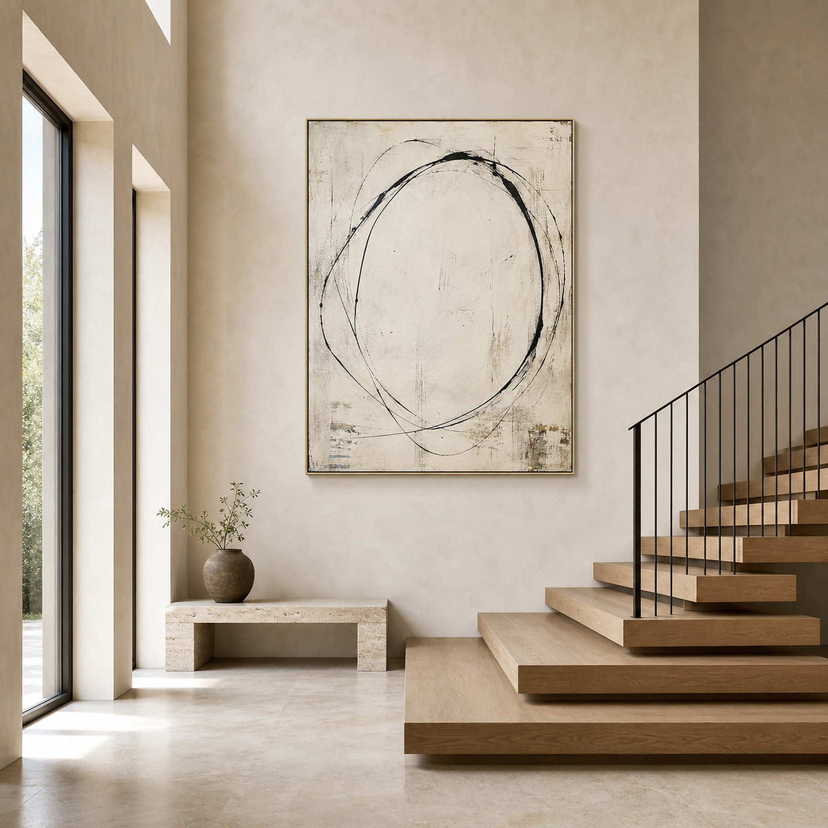 Minimalist Abstract Wall Art displayed in a refined stairway entry.