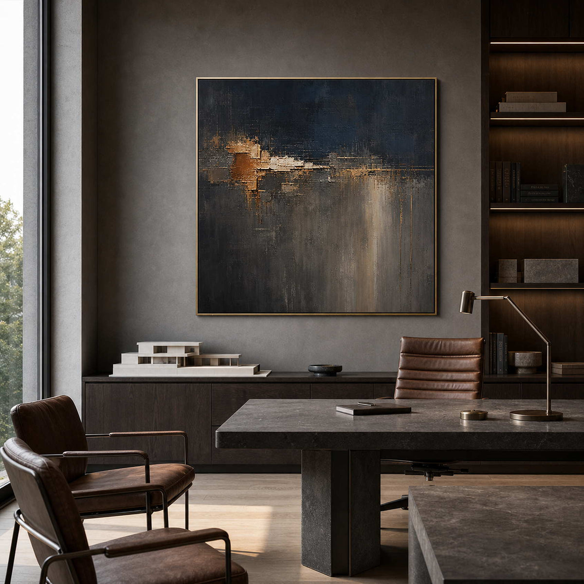 Architectural abstract canvas displayed in a refined partner office.