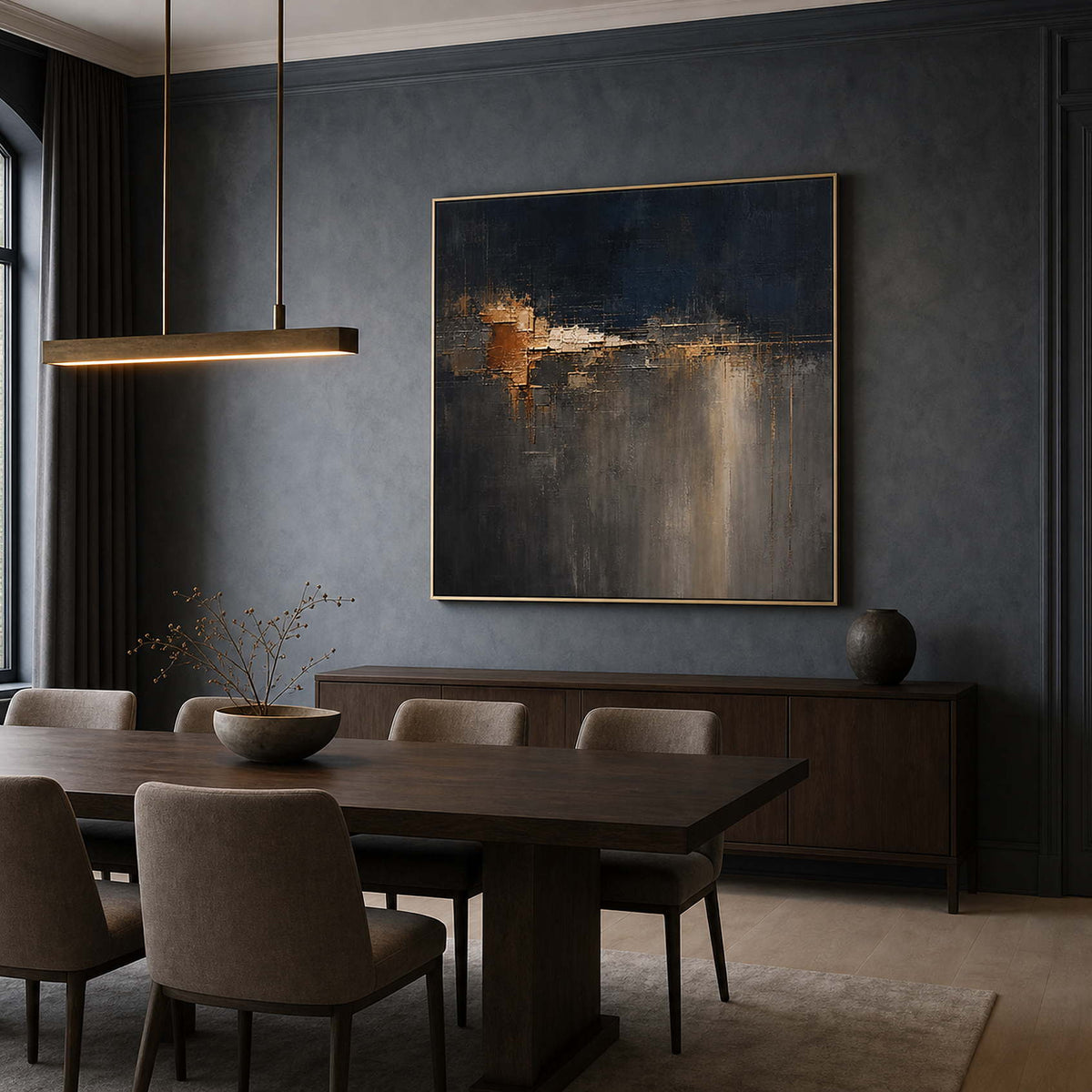 Dark navy and bronze abstract wall art in a formal dining room.