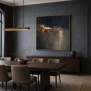Dark navy and bronze abstract wall art in a formal dining room.