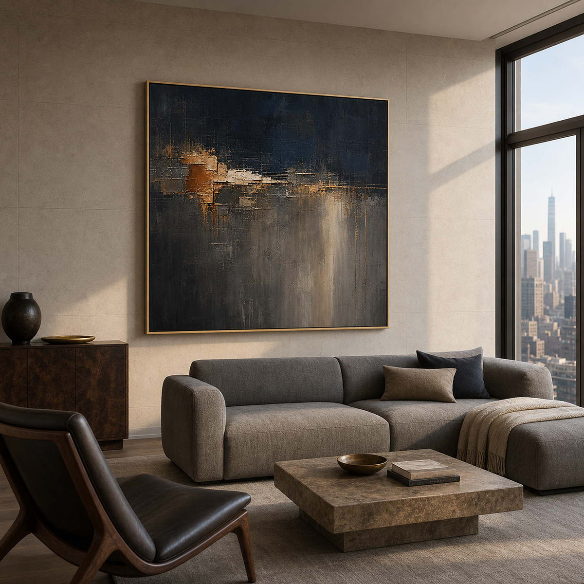 Textured dark abstract wall art displayed in a Manhattan penthouse living room.