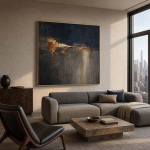 Textured dark abstract wall art displayed in a Manhattan penthouse living room.
