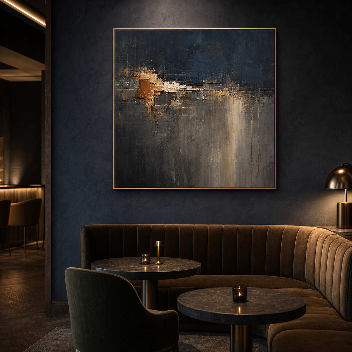 Moody dark abstract wall art displayed in a boutique hotel lounge.