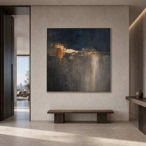 Square textured abstract wall art styled in a penthouse entryway.