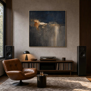 Textured navy abstract wall art styled in a private listening room.