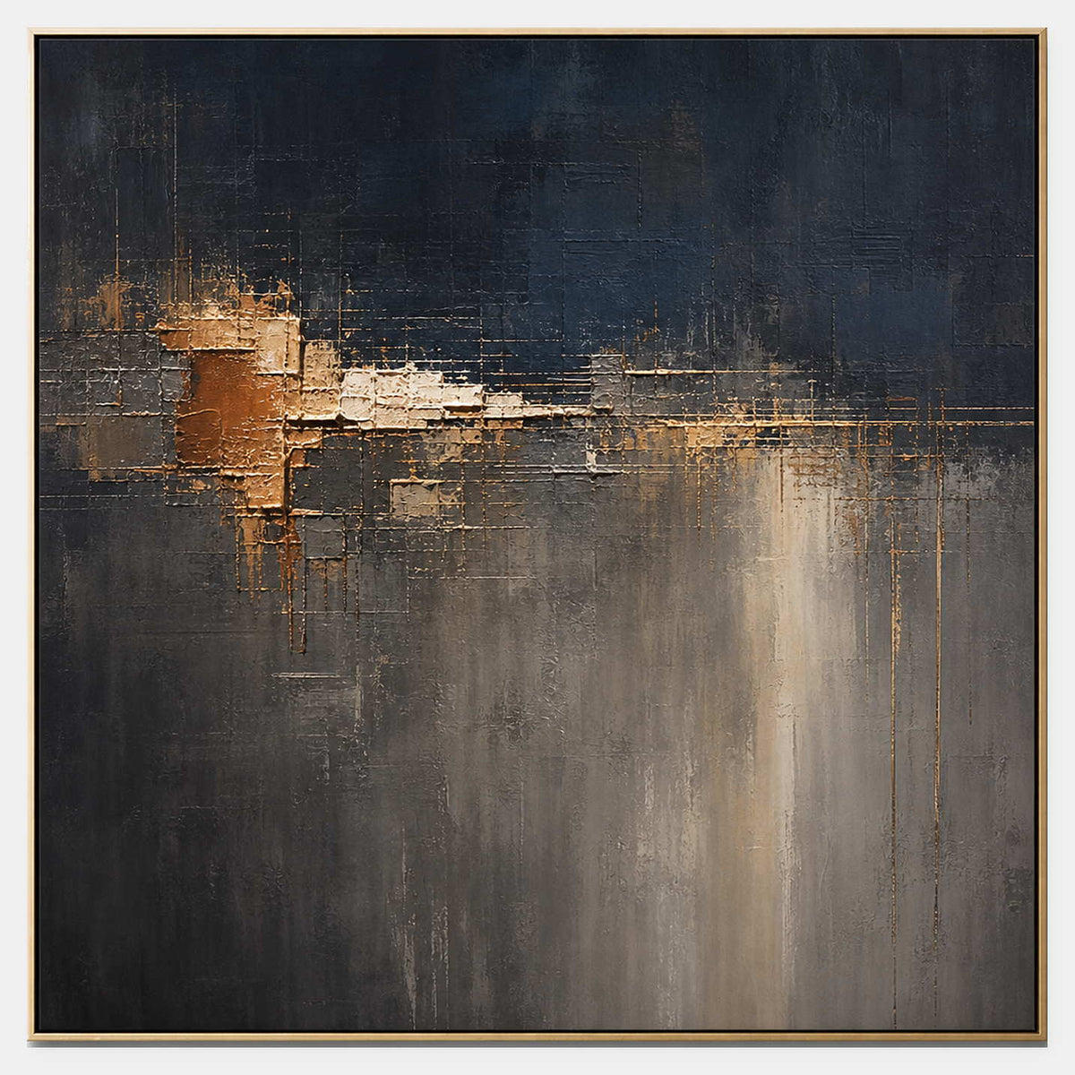 Hand-painted dark abstract canvas in navy, charcoal, bronze, and ivory.