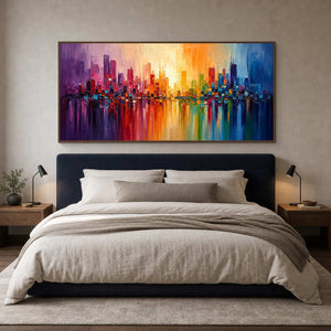Colorful Cityscape Wall Art displayed in a refined bedroom.