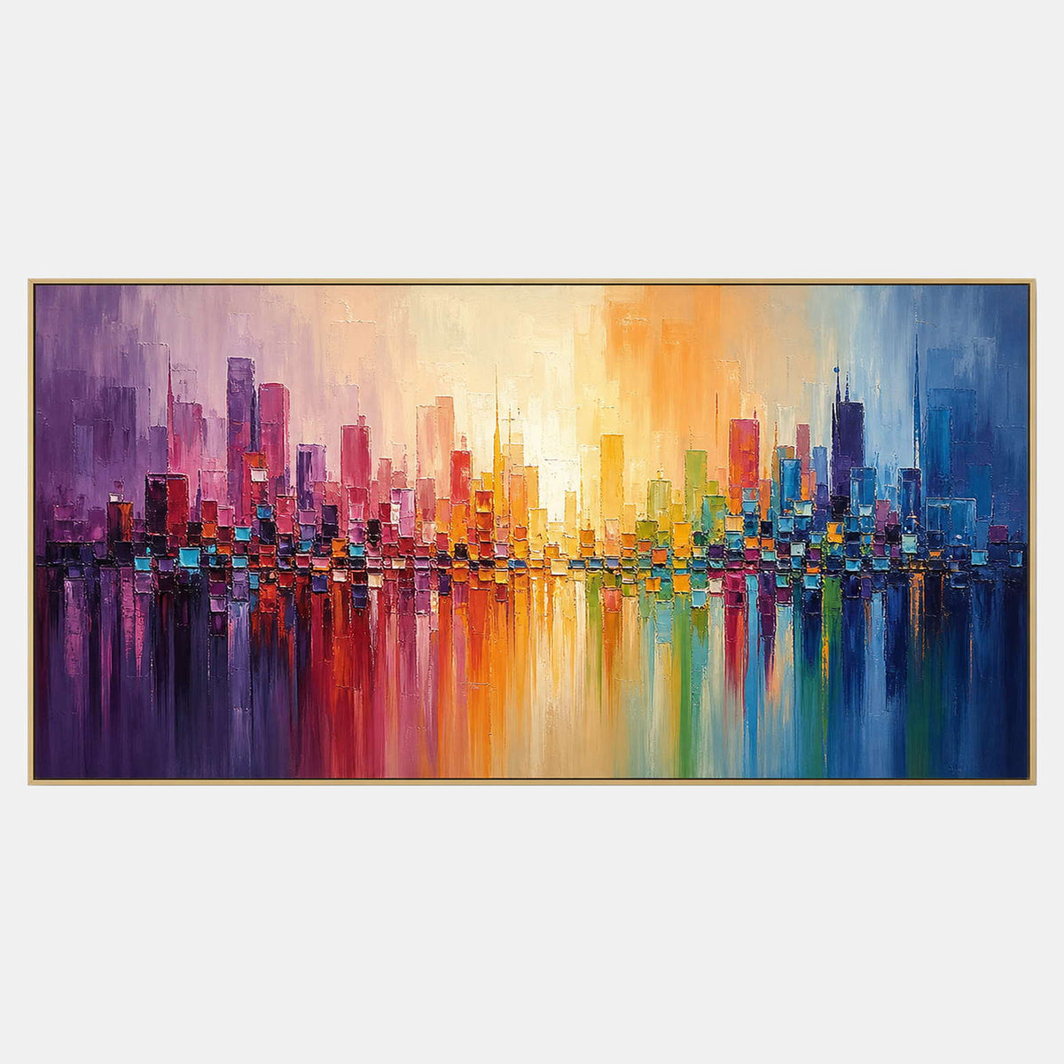 Hand-painted colorful cityscape wall art with multicolor, warm tones, and blue tones.