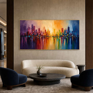 Colorful Cityscape Wall Art displayed in a refined hospitality lounge 2.